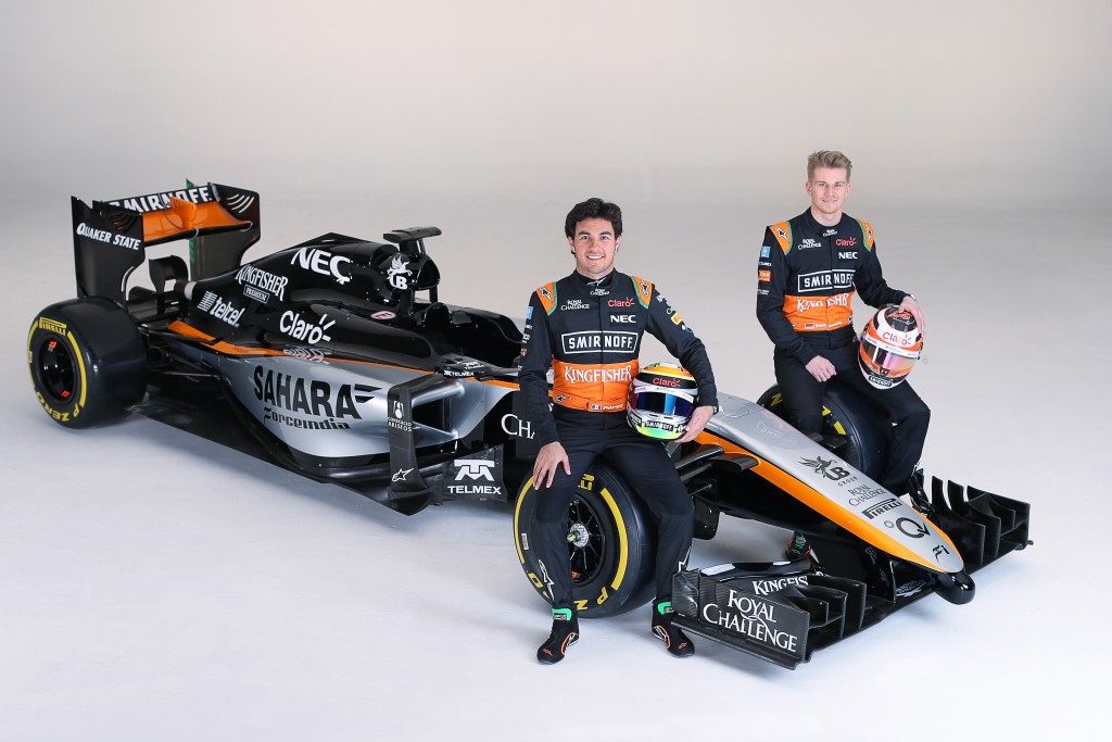 (L to R): Sergio Perez (MEX) Sahara Force India F1 with team mate Nico Hulkenberg (GER) Sahara Force India F1. Sahara Force India F1 Team Livery Reveal, Soumaya Museum, Mexico City, Mexico. Wednesday 21st January 2015.